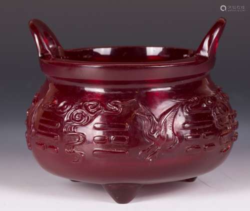 CHINESE RUBY RED PEKING GLASS TRIPOD CENSER