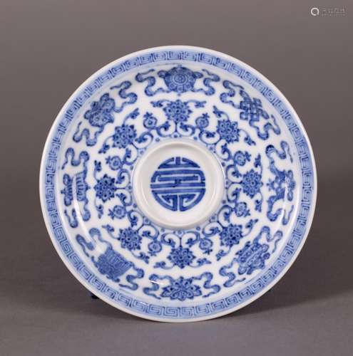 CHINESE BLUE & WHITE DISH W/ SHOU & EIGHT TREASURE