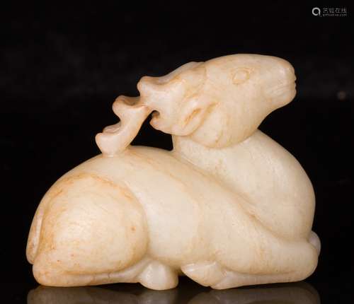 CHINESE WHITE JADE CARVED FIGURE OF MYTHICAL DEER