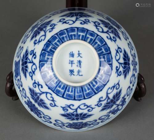 CHINESE BLUE & WHITE BOWL WITH TURQUOISE GLAZED