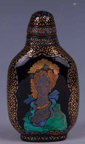 CHINESE RARE LACQUER, SHELL ON BRONZE SNUFF BOTTLE