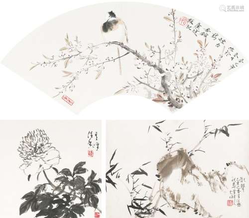 贾广健冯大中 鸟、菊、竹石图 镜心 纸本设色 纸本水墨