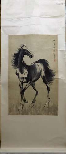 Chinese Ink Painting on Scroll of a Horse