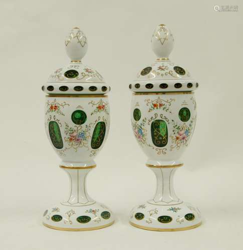 Pair of Overlay Glass White Porcelain Cover Urns