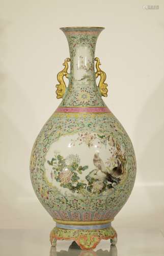 Chinese Famille Rose Vase w/ Dragon Ears