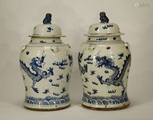 Pair of 18/19th C. Blue&White Cover Jars w/ Dragon