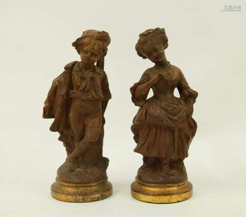 Pair of 18/19th C. Terracotta Figures of Boy &Girl