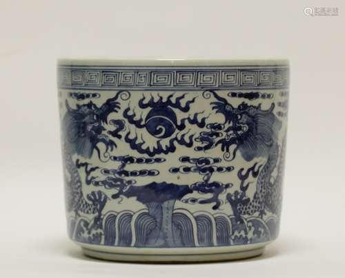 CH Blue&White Brush Pot, Two Dragons playing Ball