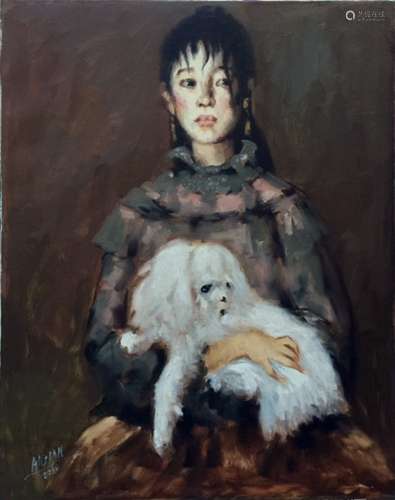 Chinese Oil on Canvas, of a Lady with Dog