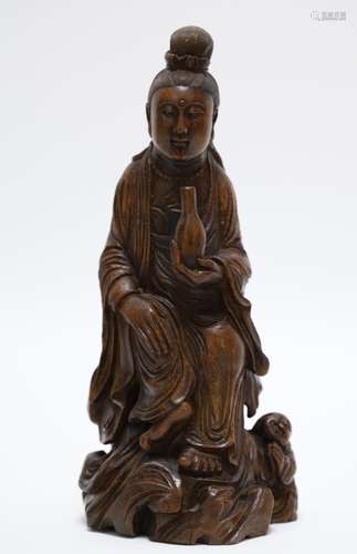 Chinese Bamboo Carved Guanyin Holding a Vase