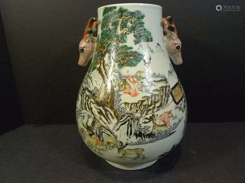 ANTIQUE CHINESE FAMILLE ROSE DEER PORCELAIN VASE - REPUBLIC PERIOD