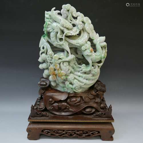 MAGNIFICENT CHINESE CARVED DRAGON JADEITE MOUNTAIN TRI COLOR