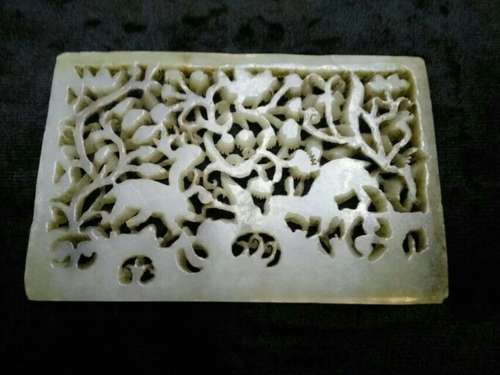 ANTIQUE CHINESE DOUBLE DEER JADE PLAQUE MING DYNASTY