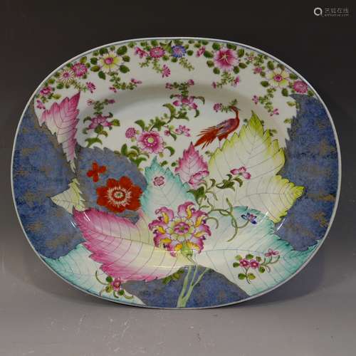 RARE ANTIQUE CHINESE FAMILLE ROSE TOBACCO LEAF PORCELAIN PLATTER - 18TH CENTURY