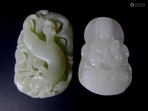 TWO FANTASTIC CHINESE HARDSTONE CARVED PENDANTS