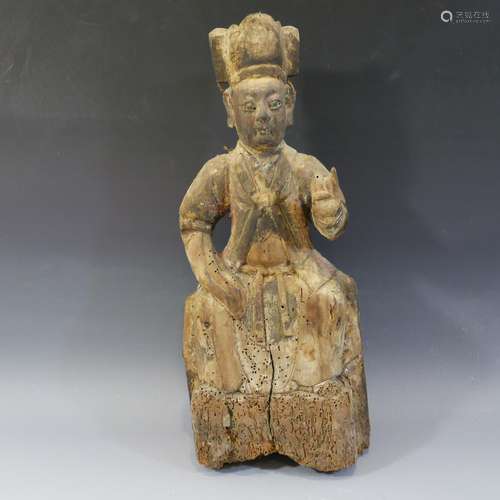 ANTIQUE CHINESE CARVED WOOD DAOIST DEITY FIGURE - MING DYNASTY