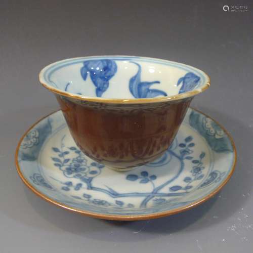 ANTIQUE CHINESE BLUE WHITE CAFÉ AU LAIT PORCELAIN CUP SAUCER 18TH CENTURY