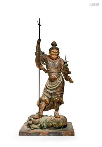 A LARGE JAPANESE WOOD CARVING OF BISHAMONTEN