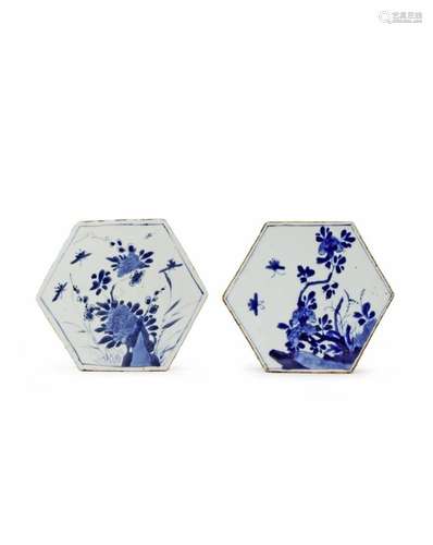 TWO CHINESE BLUE AND WHITE HEXAGONAL TILES