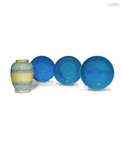 THREE CHINESE TURQUOISE GLAZED DISHES