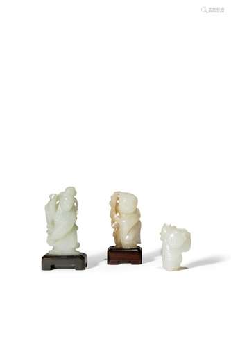 THREE SMALL CHINESE PALE CELADON JADE CARVINGS OF FIGURES