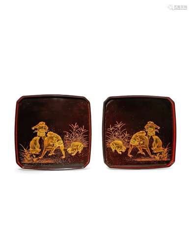 A PAIR OF JAPANESE BLACK AND GOLD LACQUER TRAYS