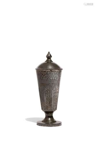 A NORTH INDIAN IRON CONICAL STEM CUP AND COVER