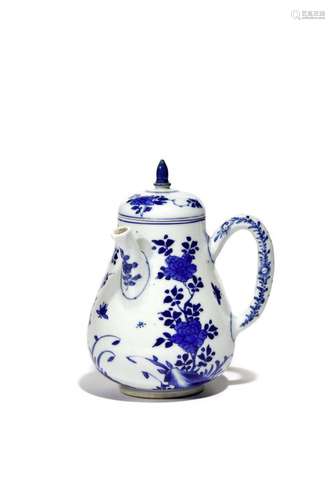 A CHINESE BLUE AND WHITE CHOCOLATE POT AND COVER