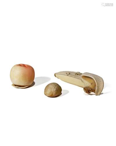 THREE JAPANESE IVORY FRUIT OKIMONO