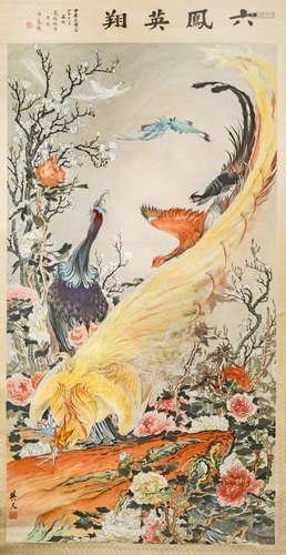 A CHINESE SCROLL PAINTING OF SIX PHOENIX