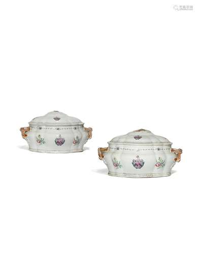 A PAIR OF CHINESE ARMORIAL FAMILLE ROSE TUREENS AND COVERS