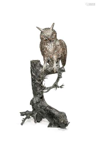 A JAPANESE SILVER PLATED MODEL OF AN OWL