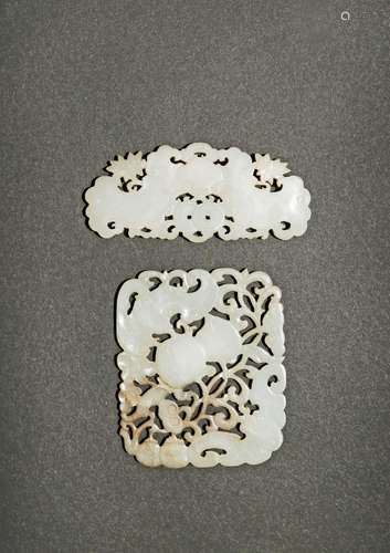 TWO CHINESE PALE CELADON JADE RETICULATED PLAQUES