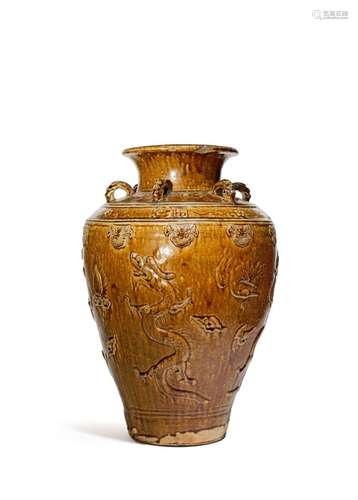 A LARGE CHINESE BROWN GLAZED MARTABAN JAR