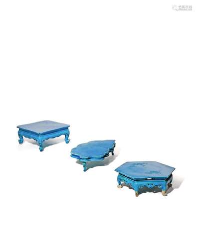 THREE CHINESE TURQUOISE GLAZED PORCELAIN STANDS