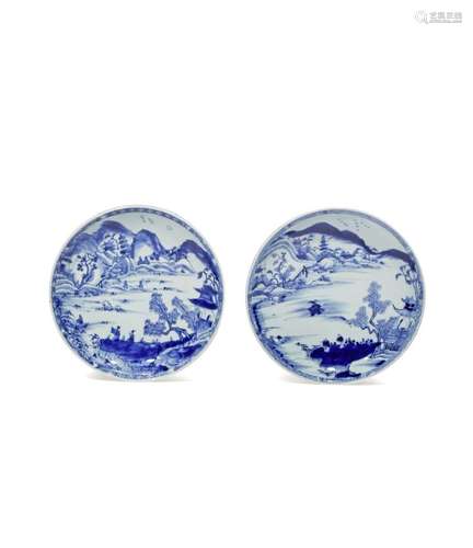 A PAIR OF CHINESE BLUE AND WHITE 'MASTER OF THE ROCKS' DISHES