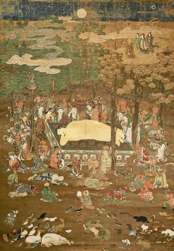 A LARGE JAPANESE SCROLL PAINTING ON SILK DEPICTING THE DEATH OF BUDDHA