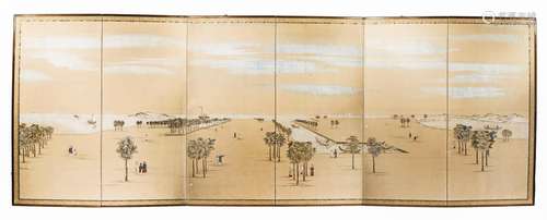 A LARGE JAPANESE SIX-FOLD PAPER SCREEN