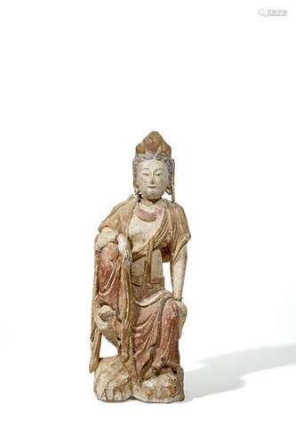 A CHINESE CARVED WOOD YUAN-STYLE FIGURE OF A BODHISATTVA