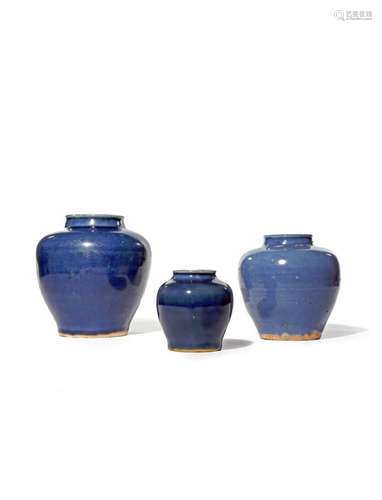 THREE CHINESE BLUE GLAZED JARS