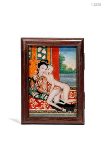 TWO SMALL CHINESE EROTIC REVERSE GLASS PAINTINGS