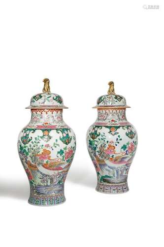 A PAIR OF SAMSON FAMILLE ROSE VASES AND COVERS