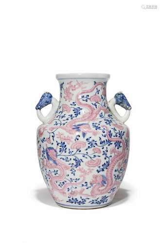 A CHINESE UNDERGLAZE BLUE AND PINK ENAMELLED VASE