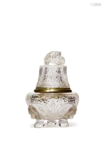 A CHINESE ROCK CRYSTAL TRIPOD INCENSE BURNER AND COVER