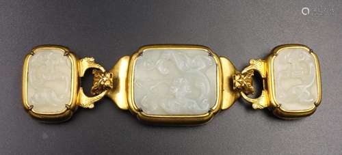 CHINESE GILT BRONZE BELT BUCKLE WHITE JADE INLAID