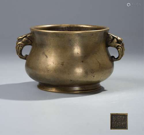 CHINESE TWIN ELEPHANT EAR BRONZE CENSER