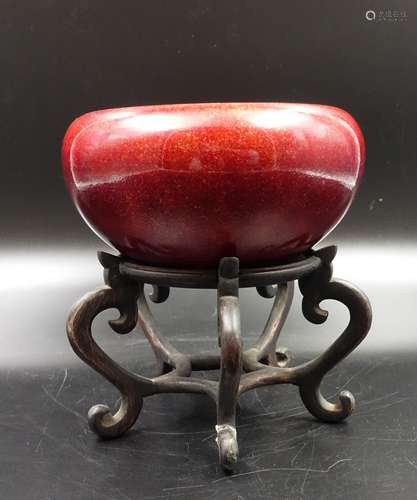 CHINESE APPLE RED GLAZED WATER COUPE WITH STAND