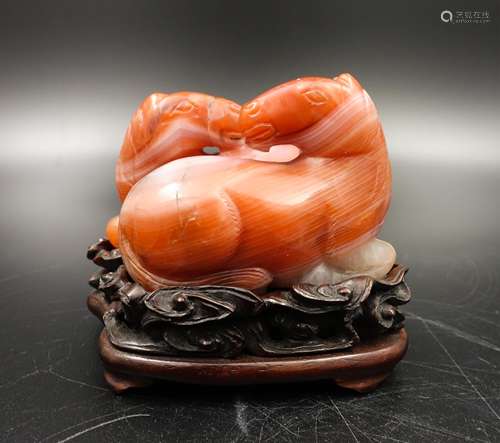 CHINESE RED AGATE CARVED TWO HORSE WITH STAND