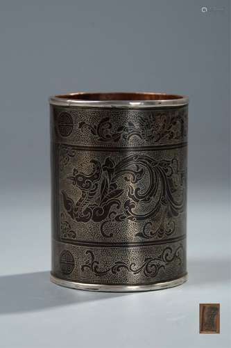 CHINESE SILVER ON BRONZE BRUSH POT