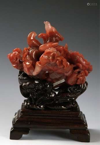 CHINESE RED AGATE CARVED FLOWERS AND BIRDS GROUP